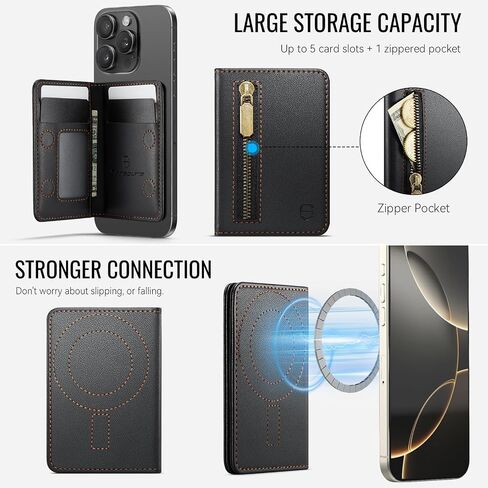 حامل البطاقة المغناطيسي متوافق مع هواتف Magsafe والحالات ، محفظة هاتف Pu Leather Slim لجهاز iPhone 16/15/14/13/12/pro/max/plus ، 4 فتحات بطاقة RFID مع جيب سحاب - أسود in Saudi Arabia