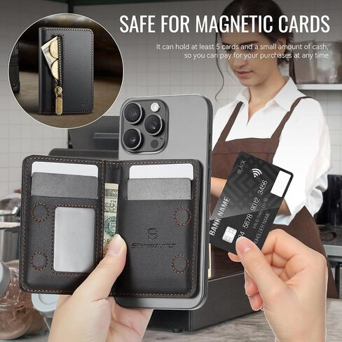 حامل البطاقة المغناطيسي متوافق مع هواتف Magsafe والحالات ، محفظة هاتف Pu Leather Slim لجهاز iPhone 16/15/14/13/12/pro/max/plus ، 4 فتحات بطاقة RFID مع جيب سحاب - أسود in Saudi Arabia