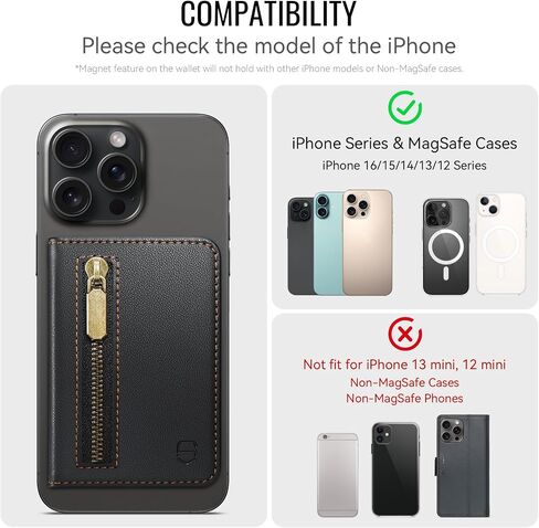 حامل البطاقة المغناطيسي متوافق مع هواتف Magsafe والحالات ، محفظة هاتف Pu Leather Slim لجهاز iPhone 16/15/14/13/12/pro/max/plus ، 4 فتحات بطاقة RFID مع جيب سحاب - أسود in Saudi Arabia