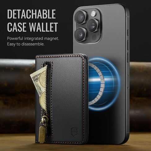 حامل البطاقة المغناطيسي متوافق مع هواتف Magsafe والحالات ، محفظة هاتف Pu Leather Slim لجهاز iPhone 16/15/14/13/12/pro/max/plus ، 4 فتحات بطاقة RFID مع جيب سحاب - أسود in Saudi Arabia