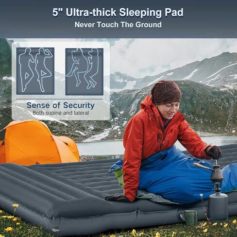 Double Sleeping Pad Camping, Self Inflating 6'' Extra-Thick 2 Person Pillow Built-in Foot Pump Waterproof Inflatable Sleeping Mat Backpacking, Tent, Hiking, Portable Camping Pad (Yellow Grey) in Saudi Arabia