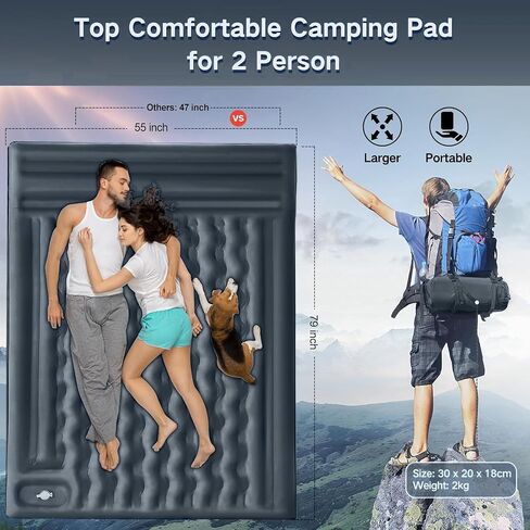 Double Sleeping Pad Camping, Self Inflating 6'' Extra-Thick 2 Person Pillow Built-in Foot Pump Waterproof Inflatable Sleeping Mat Backpacking, Tent, Hiking, Portable Camping Pad (Yellow Grey) in Saudi Arabia