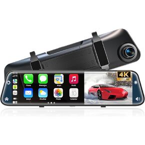 4K View View Mirror Camera مع Carplay & Android Auto ، مقدمة وخلفية مرآة 12 بوصة مع التحكم الصوتي للسيارات والشاحنات ، شاشة تعمل باللمس الذكية ، بطاقة 64 جيجابايت متضمنة/حلقة/مساعدة عكسية in Kuwait