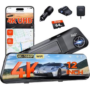 12" 4K Mirror Dash Cam,Rear View Mirror Camera,Smart Touch Screen,Dash Cam Front and Rear for Car,with GPS,G-Sensor,Loop Recording,Parking Mode,Includes 64GB Card in Saudi Arabia