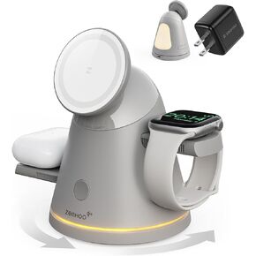 ZEEHOO 4 in 1 Wireless Charging Station for Apple,Mag-Safe Charger&Dimmable Light,Qi2 15W Rotating Fast Wireless Charger for iPhone 16,15,14,13,12&Pixel 10&iWatch&Samsung Watch&AirPods(30W Adapter) in Kuwait