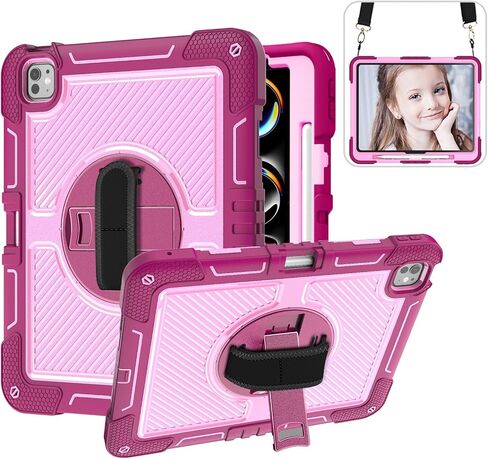 Case for iPad Pro 13 Inch 2024 M4 (7th Generation),A2926/A3007 Tablet Case with Pencil Holder for Kids,Heavy Duty Shockproof Protective with 360°Rotating Stand,Hand/Shoulder Strap,Yellow in Saudi Arabia