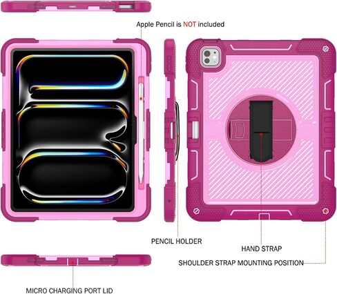 Case for iPad Pro 13 Inch 2024 M4 (7th Generation),A2926/A3007 Tablet Case with Pencil Holder for Kids,Heavy Duty Shockproof Protective with 360°Rotating Stand,Hand/Shoulder Strap,Yellow in Saudi Arabia