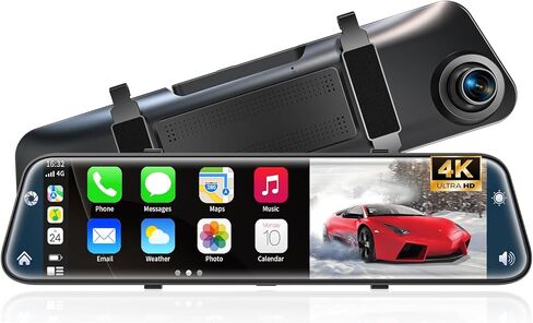 4K View View Mirror Camera مع Carplay & Android Auto ، مقدمة وخلفية مرآة 12 بوصة مع التحكم الصوتي للسيارات والشاحنات ، شاشة تعمل باللمس الذكية ، بطاقة 64 جيجابايت متضمنة/حلقة/مساعدة عكسية in Kuwait