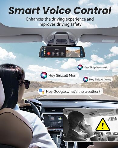 4K View View Mirror Camera مع Carplay & Android Auto ، مقدمة وخلفية مرآة 12 بوصة مع التحكم الصوتي للسيارات والشاحنات ، شاشة تعمل باللمس الذكية ، بطاقة 64 جيجابايت متضمنة/حلقة/مساعدة عكسية in Kuwait