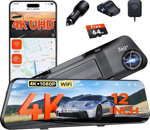 12" 4K Mirror Dash Cam,Rear View Mirror Camera,Smart Touch Screen,Dash Cam Front and Rear for Car,with GPS,G-Sensor,Loop Recording,Parking Mode,Includes 64GB Card in Saudi Arabia