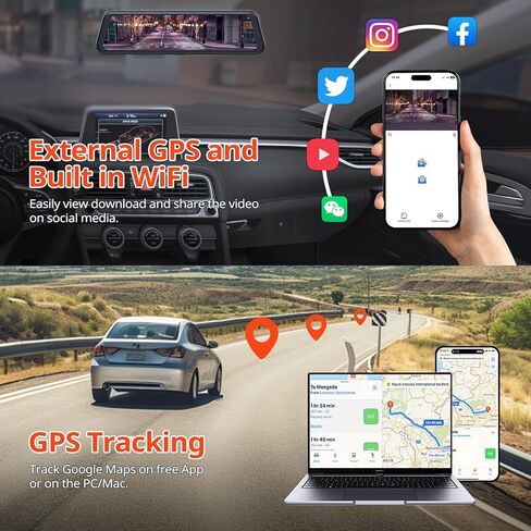 12" 4K Mirror Dash Cam,Rear View Mirror Camera,Smart Touch Screen,Dash Cam Front and Rear for Car,with GPS,G-Sensor,Loop Recording,Parking Mode,Includes 64GB Card in Saudi Arabia