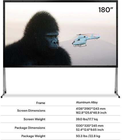 AWOL VISION Folding Outdoor Projector Screen with Stand (180 inches), Portable 16:9 4K HD Rear Front Movie Screen with Carry Bag for Theater Backyard Movie Night,Cinema School in Kuwait