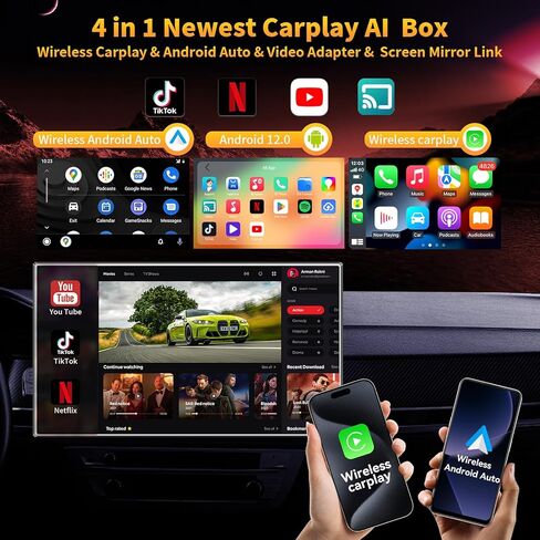 4-in-1 محول Carplay و Android Auto Adapter ، متوافق مع رابط N-ETFLIX/YouTube/Tik Tok/Screen in Kuwait