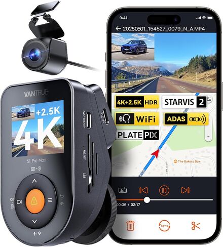 Vantrue S1 Pro Max 4K+2.5k Dash Cam الأمامي والخلفي ، Starvis 2 DashCam مزدوج ، 2 قناة HDR Dash كاميرا للسيارات ، الرؤية الليلية Platepix ، WiFi 5G ، التحكم الصوتي ، GPS ، ADAS ، وضع وقوف السيارات 24 H ، 1TB كحد أقصى in Kuwait