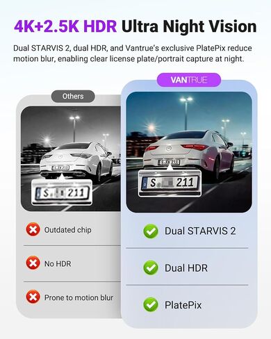 Vantrue S1 Pro Max 4K+2.5k Dash Cam الأمامي والخلفي ، Starvis 2 DashCam مزدوج ، 2 قناة HDR Dash كاميرا للسيارات ، الرؤية الليلية Platepix ، WiFi 5G ، التحكم الصوتي ، GPS ، ADAS ، وضع وقوف السيارات 24 H ، 1TB كحد أقصى in Kuwait