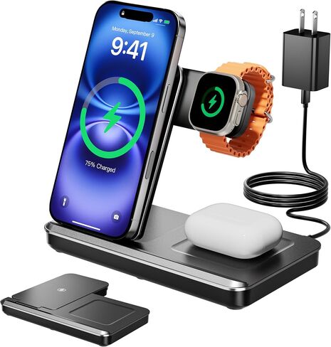 3 في محطة شحن واحدة لـ Apple ، تقف الشاحن اللاسلكي القابلة للطي لـ iPhone 16 15 14 13 ، Dock Fast Travel Phone Dock لأجهزة متعددة لـ Apple Watch Ultra 10 9 8 ، AirPods 4 3 Pro in Kuwait