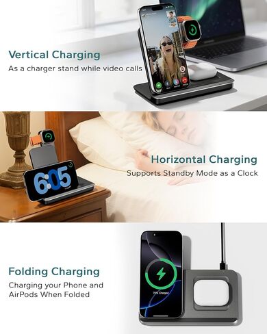 3 في محطة شحن واحدة لـ Apple ، تقف الشاحن اللاسلكي القابلة للطي لـ iPhone 16 15 14 13 ، Dock Fast Travel Phone Dock لأجهزة متعددة لـ Apple Watch Ultra 10 9 8 ، AirPods 4 3 Pro in Kuwait