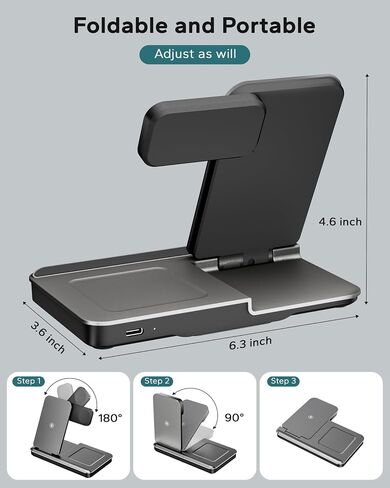 3 في محطة شحن واحدة لـ Apple ، تقف الشاحن اللاسلكي القابلة للطي لـ iPhone 16 15 14 13 ، Dock Fast Travel Phone Dock لأجهزة متعددة لـ Apple Watch Ultra 10 9 8 ، AirPods 4 3 Pro in Kuwait