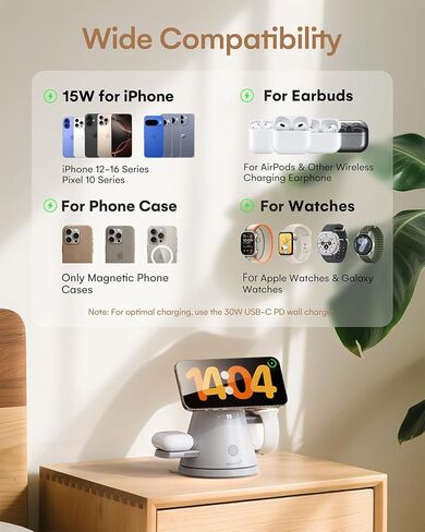 ZEEHOO 4 in 1 Wireless Charging Station for Apple,Mag-Safe Charger&Dimmable Light,Qi2 15W Rotating Fast Wireless Charger for iPhone 16,15,14,13,12&Pixel 10&iWatch&Samsung Watch&AirPods(30W Adapter) in Kuwait