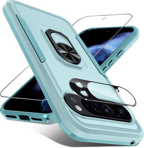 for Google Pixel 10/10 Pro Case with Screen Protector + Camera Lens Protector,Heavy Duty Shockproof Full Body Protective Cover Built in Rotatable Metal Ring Holder Kickstand,2025 Mint Green in Kuwait