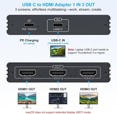 USB C to 3 HDMI Adapter 4K60Hz HDMI SPINGENT SPINCH 3 ORNITORS MST HUB USBC SPLITTER 1 في 3 OUT مع شحن PD 100W ، متوافق مع الكمبيوتر المحمول ، الكمبيوتر ، بطاقة USB-C in Kuwait