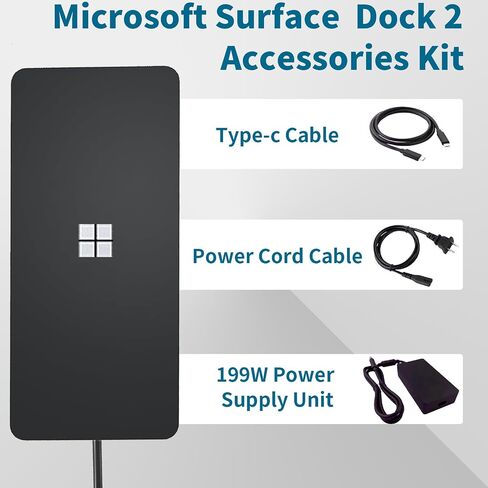 Microsoft Surface Dock 2, Surface Pro Docking Station with USB-C Cable, 199W Power Adapter, Compatible with Surface Pro 4/5/6/7, Surface Book 2/3, Surface Go 2/3/4 & Studio (Renewed) in Saudi Arabia