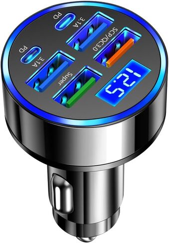 شاحن السيارة USB C مع عرض الجهد LED ، 6 منافذ PD و QC3.0 محول ولاعة سجائر السيارات لعشاق الأجهزة اللوحية ، شاحن Universal 12V/24V ولاعة السجائر USB in Kuwait