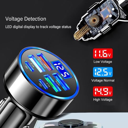 شاحن السيارة USB C مع عرض الجهد LED ، 6 منافذ PD و QC3.0 محول ولاعة سجائر السيارات لعشاق الأجهزة اللوحية ، شاحن Universal 12V/24V ولاعة السجائر USB in Kuwait