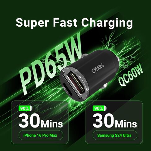CMARS 65W+60W Cigarette Lighter Adapter,for iPhone 16 car Charger USB C/A,Fast Charging for iPhone,Car Phone Charger Dual Port for iPhone 16/15/14/13/12 Series and Samsung/Other Android Devices Black in Kuwait