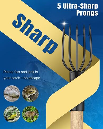 Pawfly Fishing Spear, Stainless Steel Frog Gig Gaff, Strong Flounder Gig with Barbed 5 Prong Tine, Fishing Harpoon Spearhead Fork for Fish Bullfrog Toad Mole & Hunting in Saudi Arabia