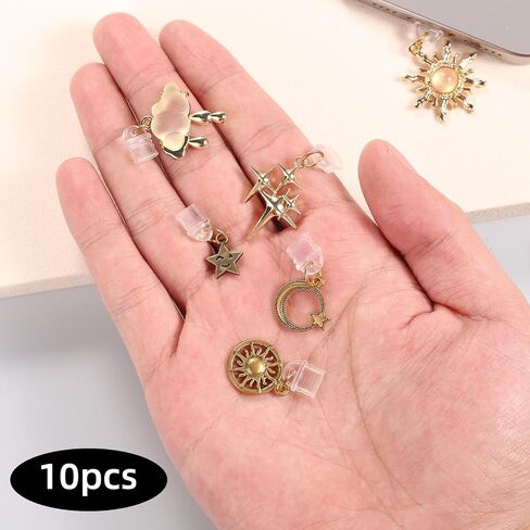 10pcs سحر قابس الغبار لـ Kindle ، Star Moon Pattern Phone Charm Cute Ports Protector Pendants for e-Reader Book Women Explies Excessories in Saudi Arabia
