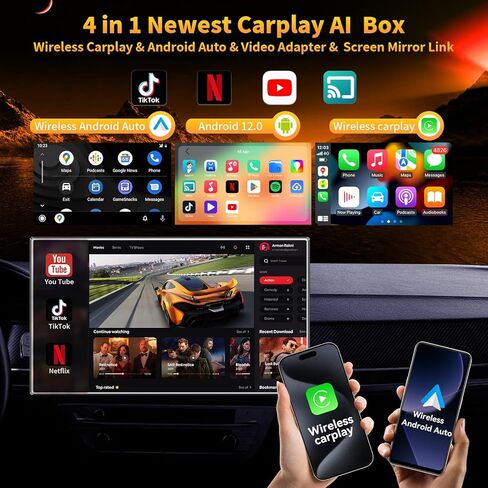 مربع 4-in-1 Carplay AI ، محول Carplay و Android Auto ، متوافق مع N-Etflix/YouTube/Tik Tok/Screen Mirror Link in Kuwait