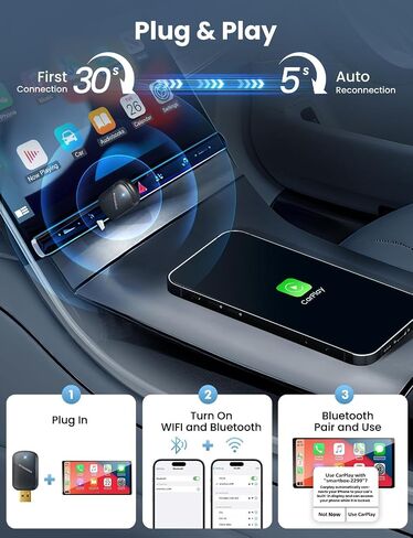 Mini Wireless Carplay و Android Auto Adapter مع أسرع سيارة اتصال ، لا يوجد محول Carplay Carplay ، يربط بالسيارات من عام 2016 والهاتف مع Android 10+ / Phone 6 أو فوق USB-A / Type-C Black in Kuwait