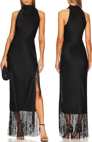 Aigeman Womens Vintage Flapper Dress 1920s Great Gatsby Halter High Neck Maxi Dress Tassels Hem High Split Fringed Dress 219 in Kuwait