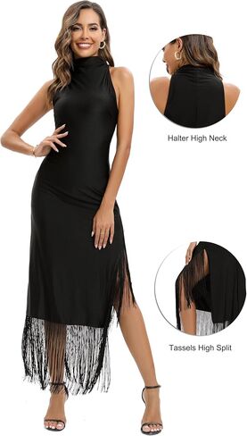 Aigeman Womens Vintage Flapper Dress 1920s Great Gatsby Halter High Neck Maxi Dress Tassels Hem High Split Fringed Dress 219 in Kuwait