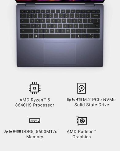 جهاز كمبيوتر محمول Dell 2-in-1 مع شاشة تعمل باللمس | Windows 11 Pro | 14 '' IPS FHD | AMD RYZEN 5 8640HS | قارئ بصمات الأصابع | لوحة المفاتيح الخلفية | عمر بطارية طويل | ث/الملحقات | 64 جيجابايت DDR5 ، 1 تيرابايت SSD in Kuwait