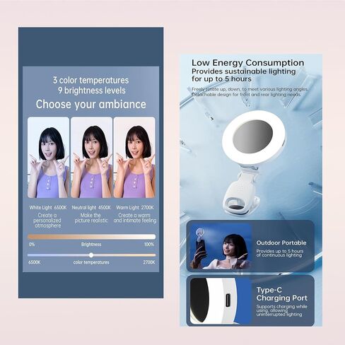 Mini Selfie Ring Light with Mirror – 2-in-1 Clip-On LED Makeup Lamp for Phone, Laptop & Desk – USB Rechargeable Compact Travel Gift for Girls in Saudi Arabia