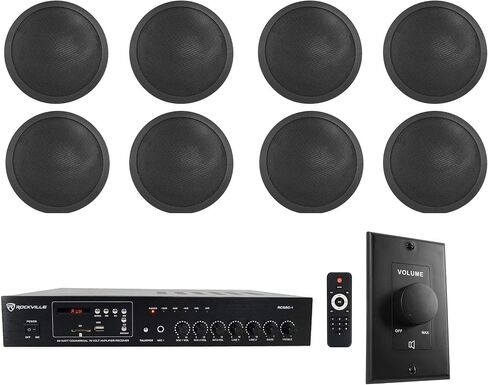 Rockville Commercial Restaurant Amp+(8) 5" Black Ceiling Speakers+Wall Control in Saudi Arabia
