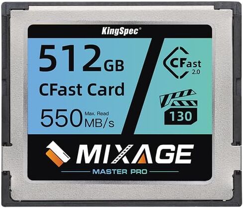 Mixage 512GB CFAST 2.0 بطاقة الذاكرة VPG130 ، قراءة 550 ميجابايت/ثانية ، 450 ميجابايت/ثانية ، 375TB TBW ، فيديو الخام 4K ، لكاميرات Canon Sony Cinema ، صانع الأفلام in Kuwait