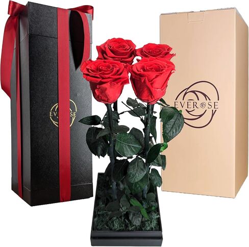 EVEROSE - Forever Red Rose Flowers for Delivery Prime - 4 Preserved Roses in an Elegant Box with 3 Display Options - Gifts for Women, Girlfriend, Mom, Grandma, Anniversary, Valentines or Birthdays in Kuwait