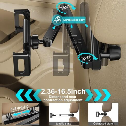 Pure Zinc Alloy Car Headrest Tablet Holder - [22" Extension] [720° Rotation] [0.4-6.3" Gap Fit] Universal Backseat Mount for iPad, Switch, 4.7-13" Tablets & Phones, Road Trip Essential (N2025) in Saudi Arabia