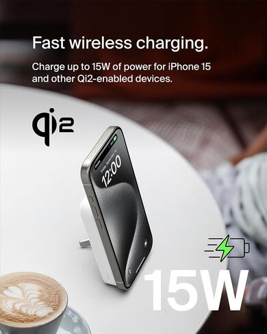 Belkin Portable Charger, Wireless Power Bank 15W 8000 mAh w/ Qi2 - MagSafe Charger w/Built-in Pop-up Kickstand - Compatible w/iPhone 16, 15, 14, 13, Plus, Pro, Max, Google Pixel 10, etc. - Black in Saudi Arabia