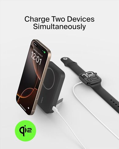Belkin Portable Charger, Wireless Power Bank 15W 8000 mAh w/ Qi2 - MagSafe Charger w/Built-in Pop-up Kickstand - Compatible w/iPhone 16, 15, 14, 13, Plus, Pro, Max, Google Pixel 10, etc. - Black in Saudi Arabia