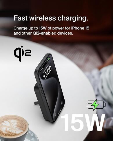 Belkin Portable Charger, Wireless Power Bank 15W 8000 mAh w/ Qi2 - MagSafe Charger w/Built-in Pop-up Kickstand - Compatible w/iPhone 16, 15, 14, 13, Plus, Pro, Max, Google Pixel 10, etc. - Black in Saudi Arabia