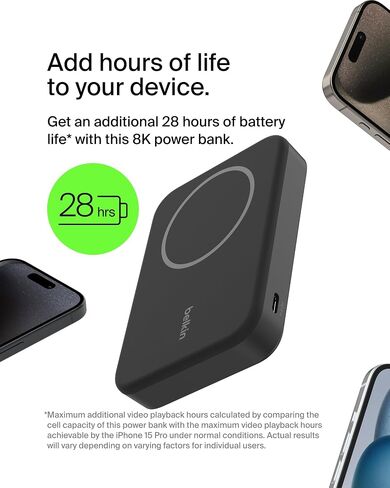 Belkin Portable Charger, Wireless Power Bank 15W 8000 mAh w/ Qi2 - MagSafe Charger w/Built-in Pop-up Kickstand - Compatible w/iPhone 16, 15, 14, 13, Plus, Pro, Max, Google Pixel 10, etc. - Black in Saudi Arabia