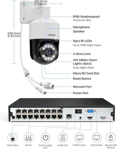 Zosi 4K 8MP 16CH Security Camera Camera مع اكتشاف مركبة AI Face Person ، 12 × 4K تتبع تتبع Auto Tracking Pt Poe مع الأضواء الكاشفة ، الصوت ثنائي الاتجاه ، 16 Port 32Ch 8MP NVR مع 4TB HDD in Kuwait