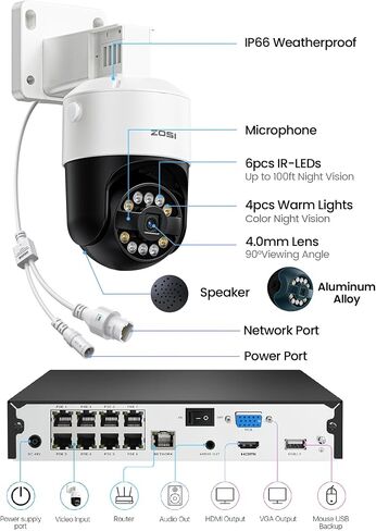 Zosi 4K 8MP 16CH Security Camera Camera مع اكتشاف مركبة AI Face Person ، 12 × 4K تتبع تتبع Auto Tracking Pt Poe مع الأضواء الكاشفة ، الصوت ثنائي الاتجاه ، 16 Port 32Ch 8MP NVR مع 4TB HDD in Saudi Arabia