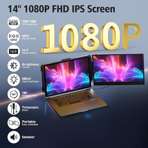 شاشة امتداد شاشة الكمبيوتر المحمول-14 بوصة مزدوجة IPS FHD 1080P HDMI/USB-A/TYPE-C شاشة محمولة موسعة لأجهزة الكمبيوتر المحمولة (الحد الأقصى للطول: 15.74 ") متوافق مع Windows Mac Travel Work in Kuwait