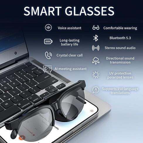 AI Smart Bluetooth Glasses w/150+ Real-Time Translation Voice Assistant & HandsFree Call HD Audio Wireless Glasses for Travel Business Unisex Lightweight Design (Men & Women) in Saudi Arabia
