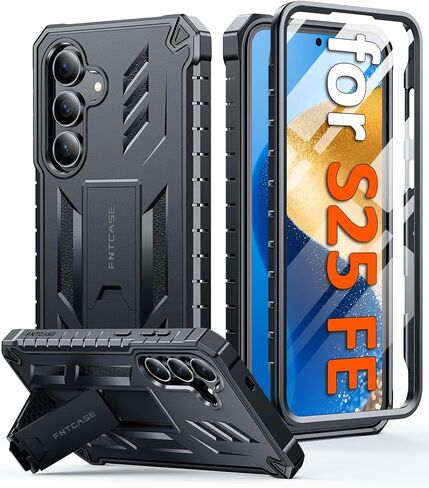 Fntcase لـ Samsung Galaxy S25-FE Case: Grady Grade Drop Proof Protect Cover مع Kickstand | غير لامع مزخرف الوعرة TPU | حالة الهاتف القوية الواقية أسود in Kuwait